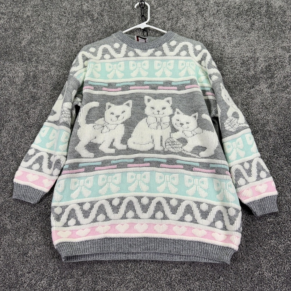 New Addition Maternity Sweater Womens Medium Gray Cat Knit Pullover Cute Pastel